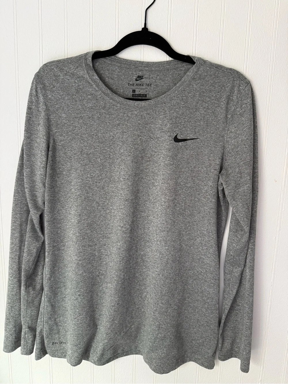 Nike Heather Gray Long Sleeve Dri-FIT Crew with Black Swoosh
